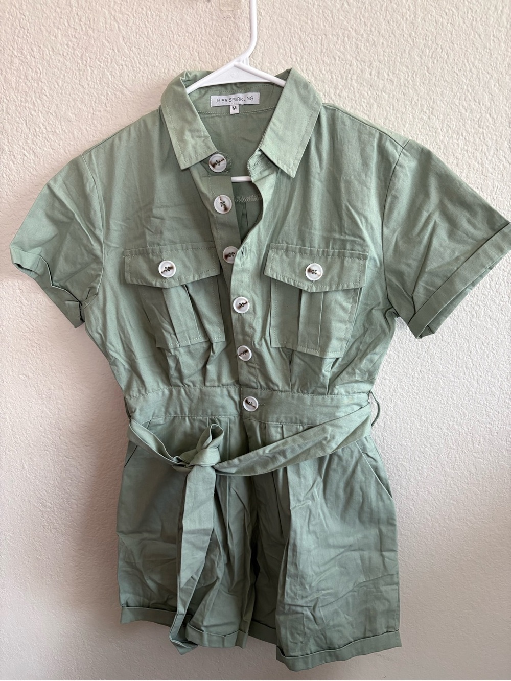Miss Sparkling Sage Utility Romper with Tie Waist
